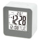 Light grey square desktop alarm clock with digital time and temperature display