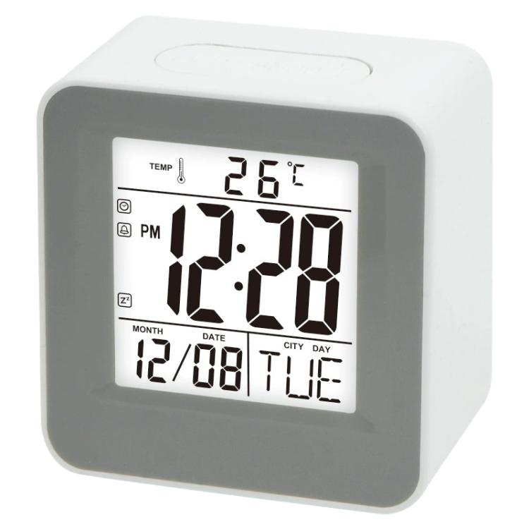 Light grey square desktop alarm clock with digital time and temperature display