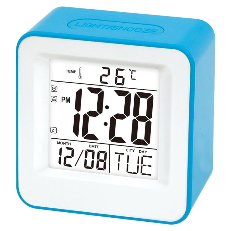 Sky blue square desktop alarm clock with digital time and temperature display