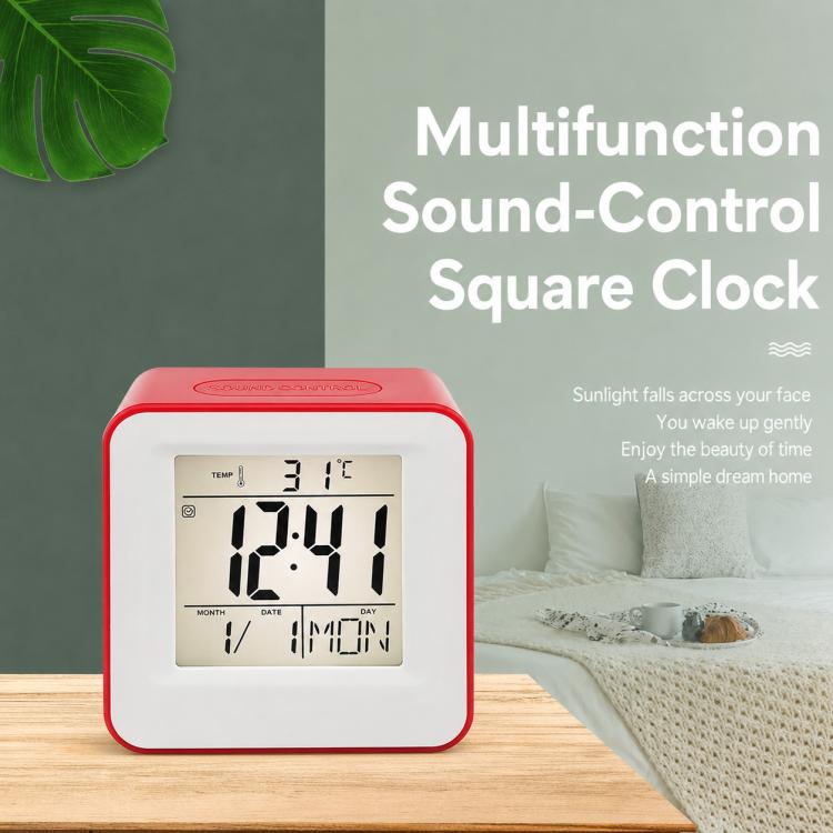 Red square desktop alarm clock with large digital numbers on its screen