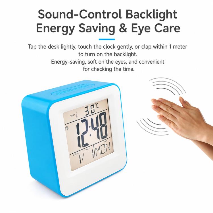 Blue square desktop alarm clock with digital display and hand near the screen