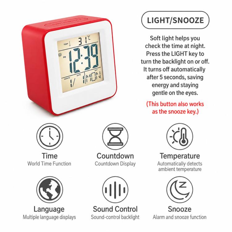 Red square desktop alarm clock with digital time display and top button