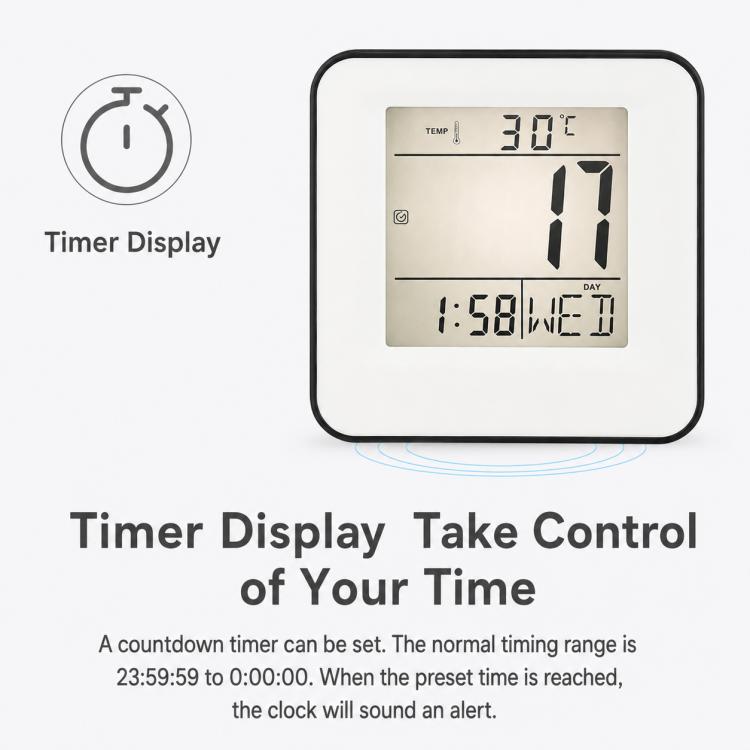 Black square desktop alarm clock with digital timer display and temp readout