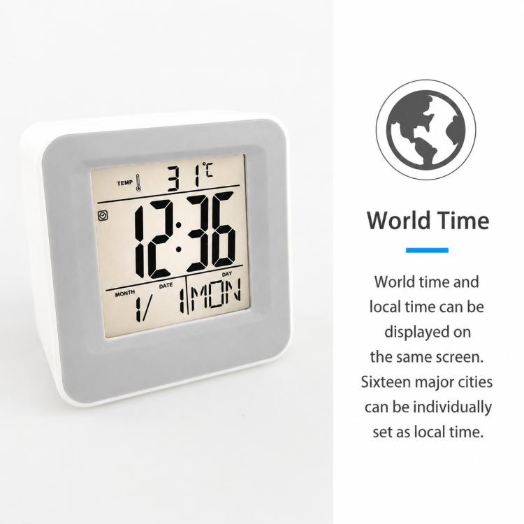 White square desktop alarm clock showing world time and digital date on screen