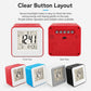 Red square desktop alarm clock with front and back views, screen and buttons