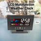 Black LCD weather clock, front view with bright backlit time, humidity, and temperature.