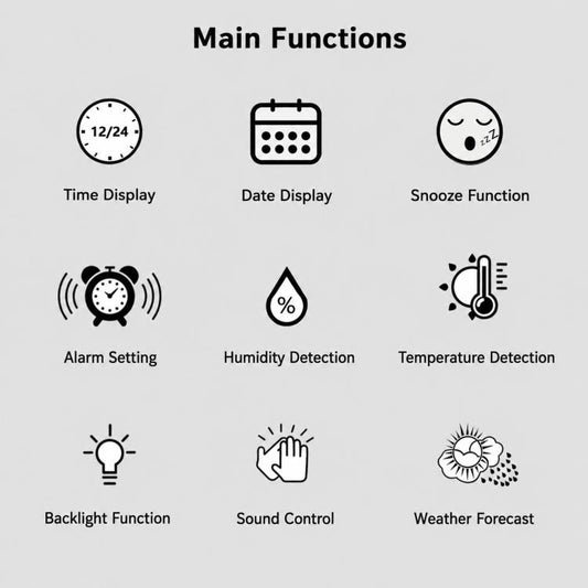 Weather clock function icons: time, date, alarm, snooze, humidity, temperature, backlight.