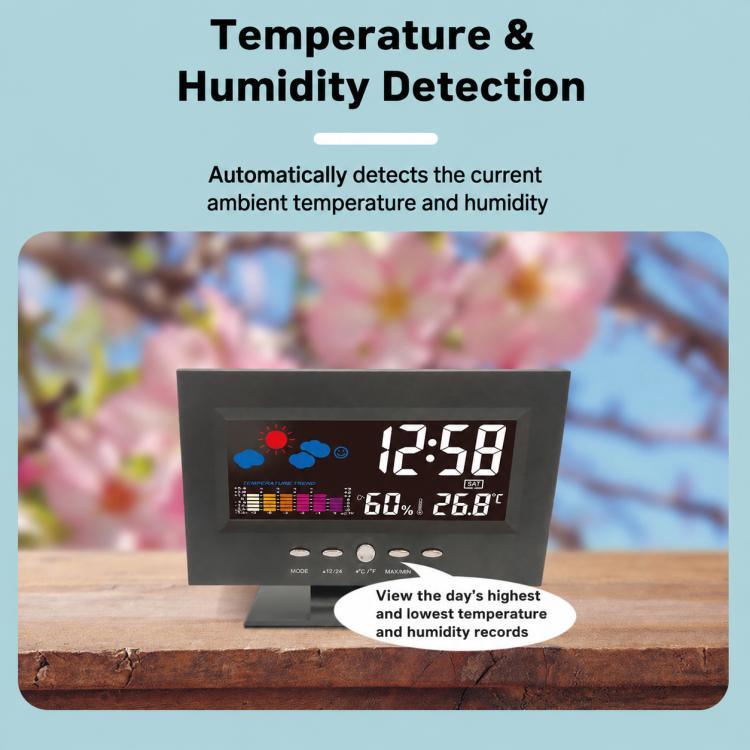 Black LCD weather clock on wood with temperature and humidity readouts and weather icons.