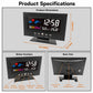 LCD weather clock size and button diagram with back view and control labels.