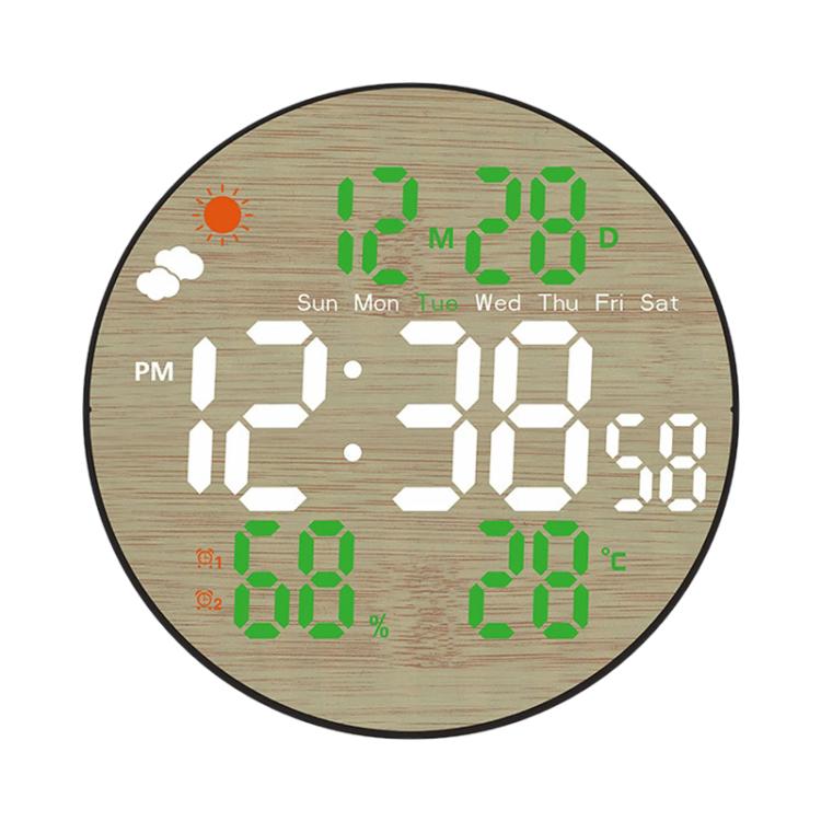 Round LED bamboo-grain weather clock with green digits and weekday/temperature display
