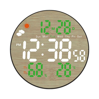 Round LED bamboo-grain weather clock with green digits and weekday/temperature display