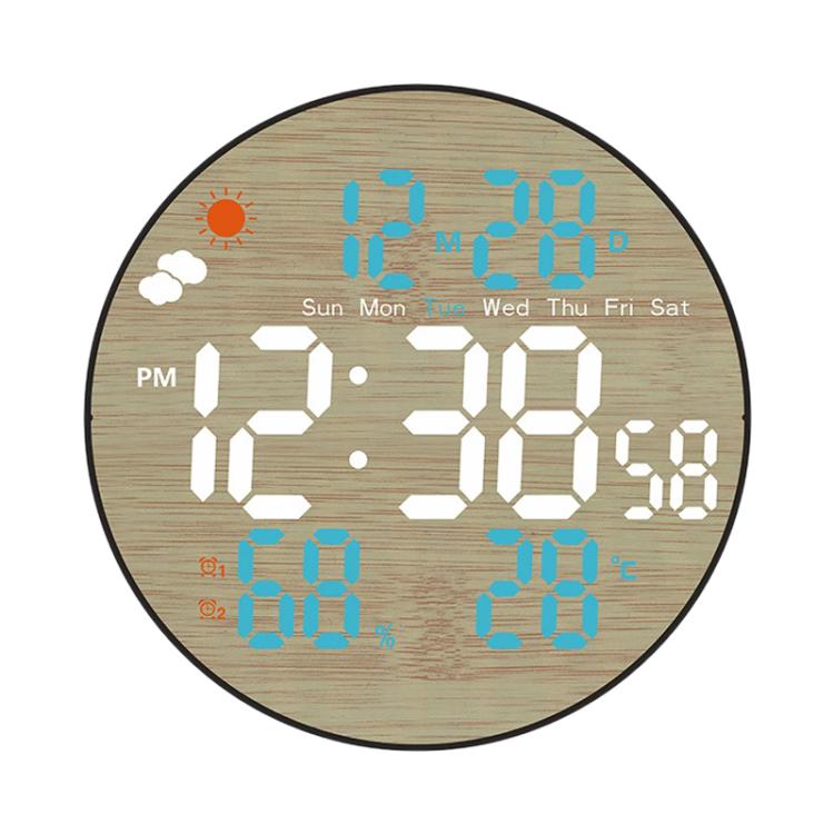 Round LED bamboo-grain weather clock with blue digits and weekday/temperature display