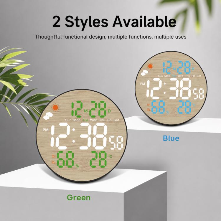 Round LED bamboo-grain weather clock; green and blue digit display styles