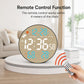 Round LED bamboo-grain weather clock with blue digits and remote control