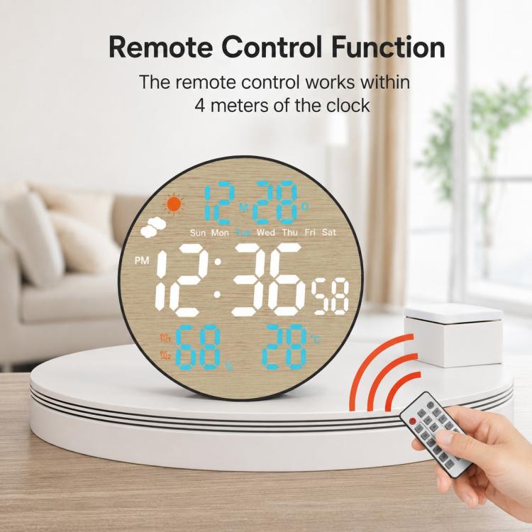 Round LED bamboo-grain weather clock with blue digits and remote control