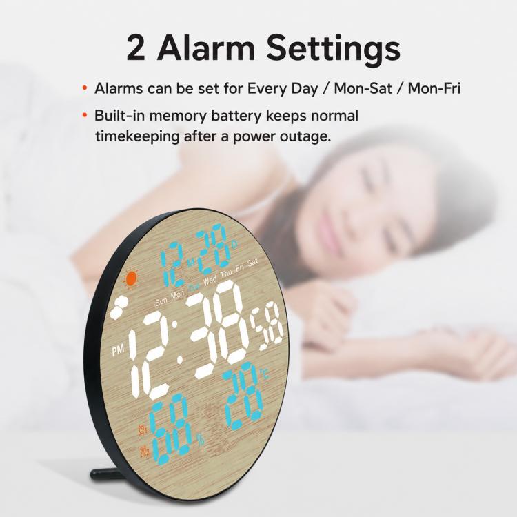 Round LED bamboo-grain weather clock showing alarm time with blue digits