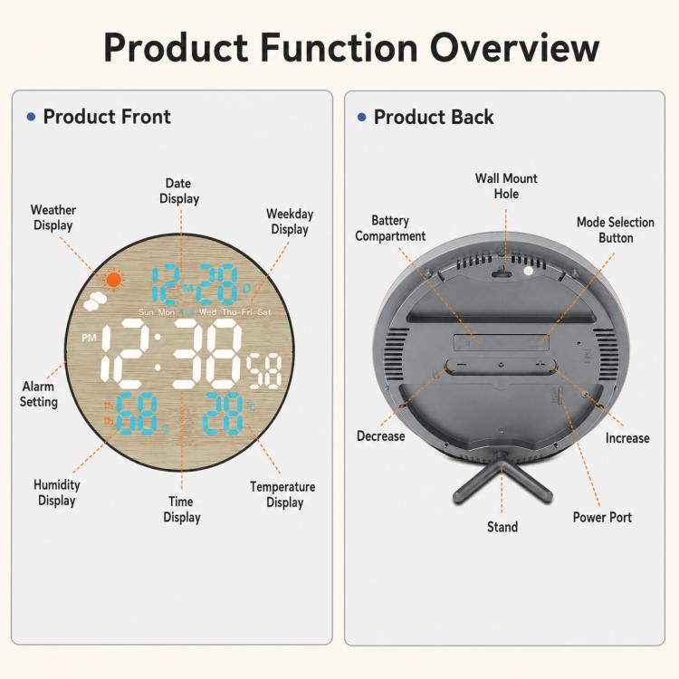 Round LED bamboo-grain weather clock with labeled front and back controls