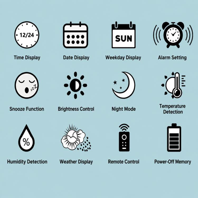Weather clock function icons: time, date, weekday, alarm, humidity, weather display