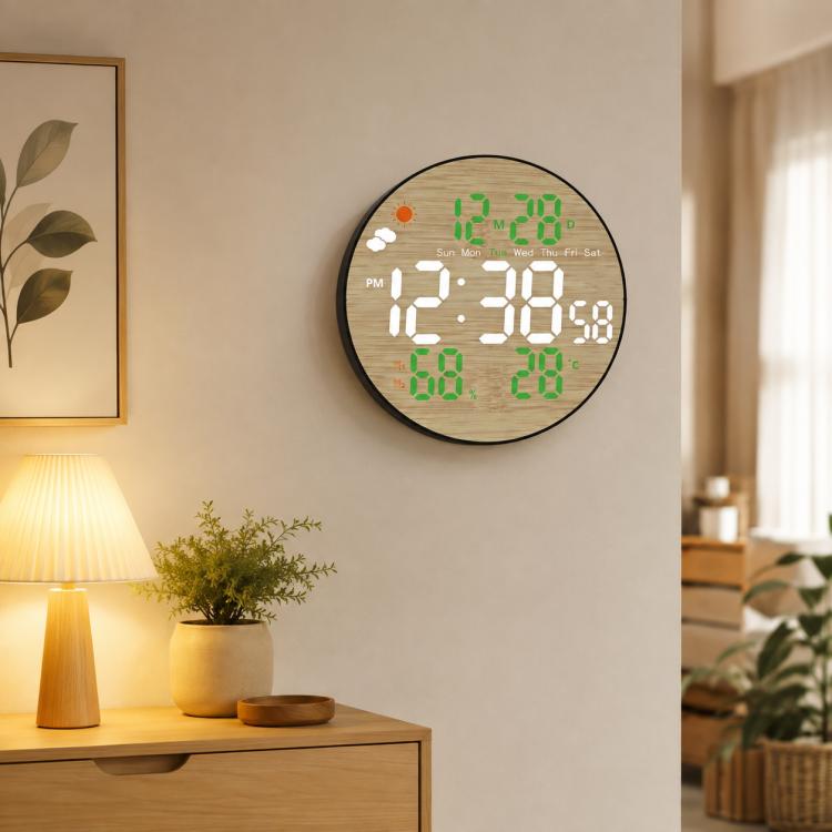 Round LED bamboo-grain weather wall clock with green digits showing time and humidity