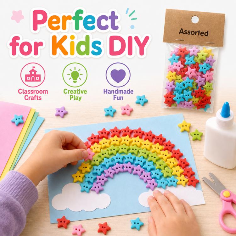 Assorted star buttons on craft cards with mixed 2-hole resin stars