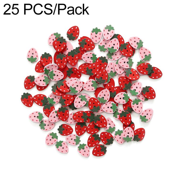 Strawberry wooden buttons, red and pink with green leaf details, 25 pcs
