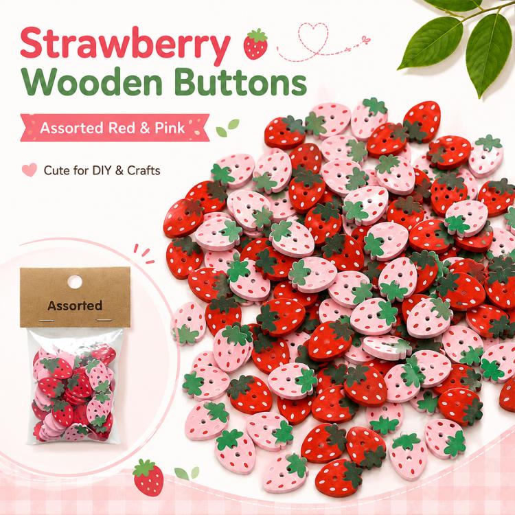 Assorted strawberry wooden buttons, red and pink with green leaves, in a bag