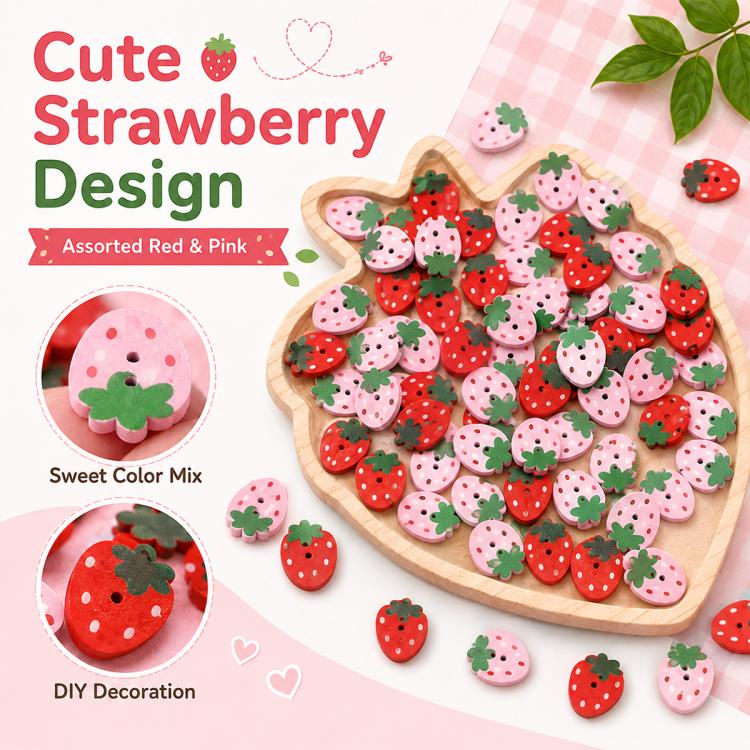 Cute strawberry wooden buttons, red and pink mix with green leaf accents