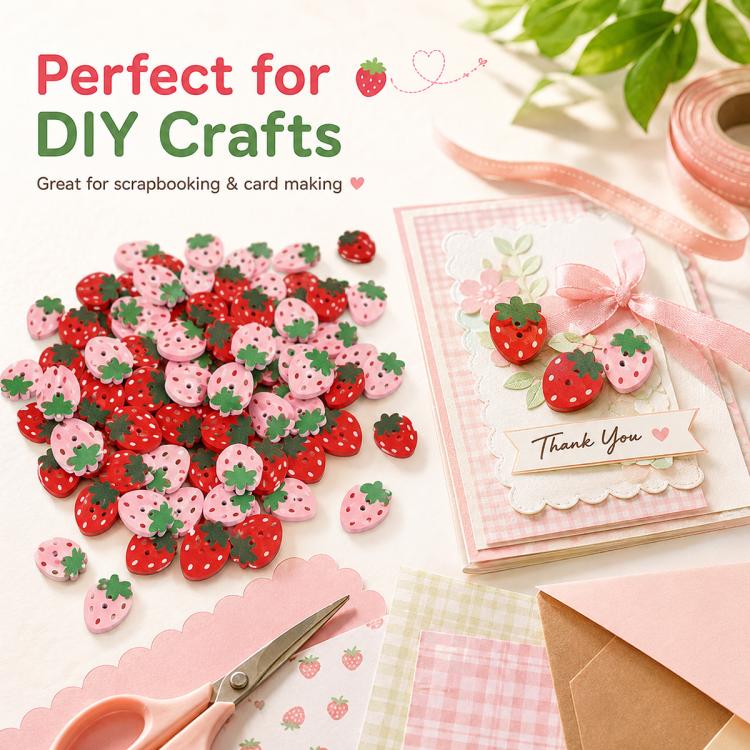 Strawberry wooden buttons for crafts, red and pink with green leaf details