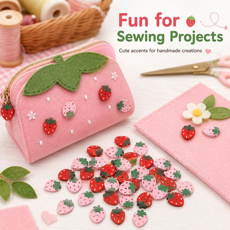 Strawberry wooden buttons, red and pink mix with green leaf accents for sewing