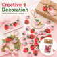Assorted strawberry wooden buttons, red and pink with green leaf accents