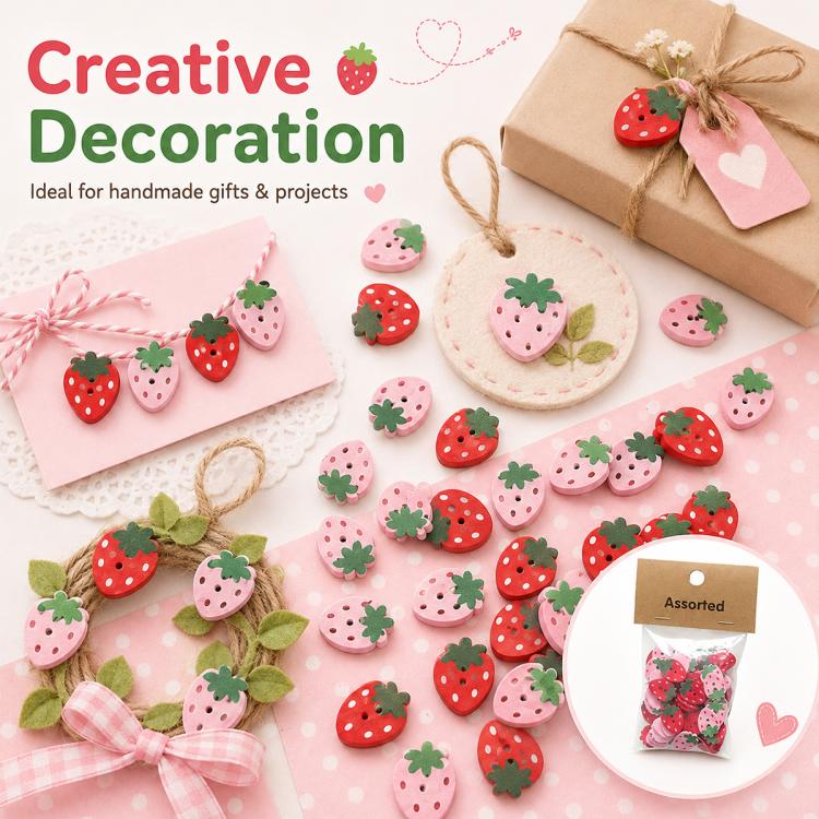 Assorted strawberry wooden buttons, red and pink with green leaf accents