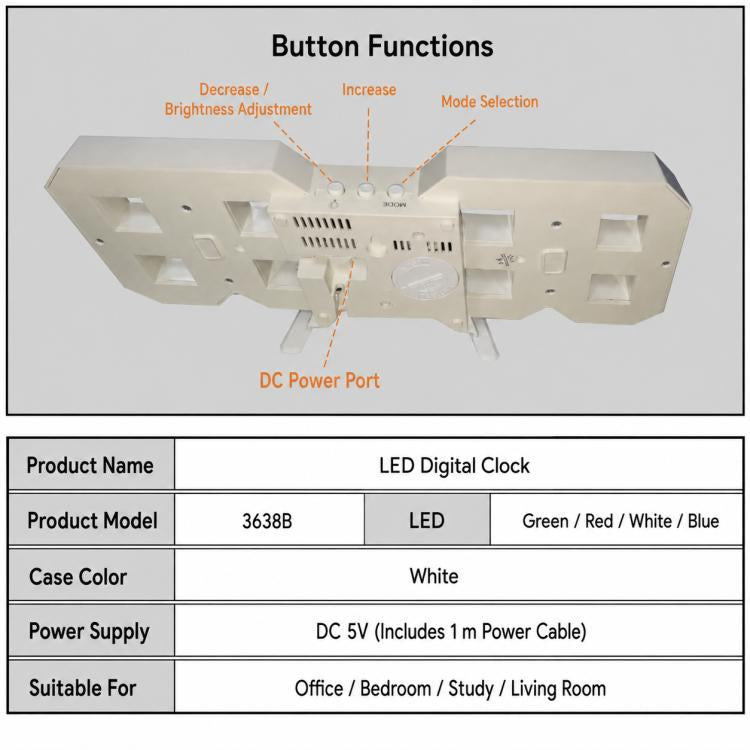 LED digital clock back panel with button controls and DC power port