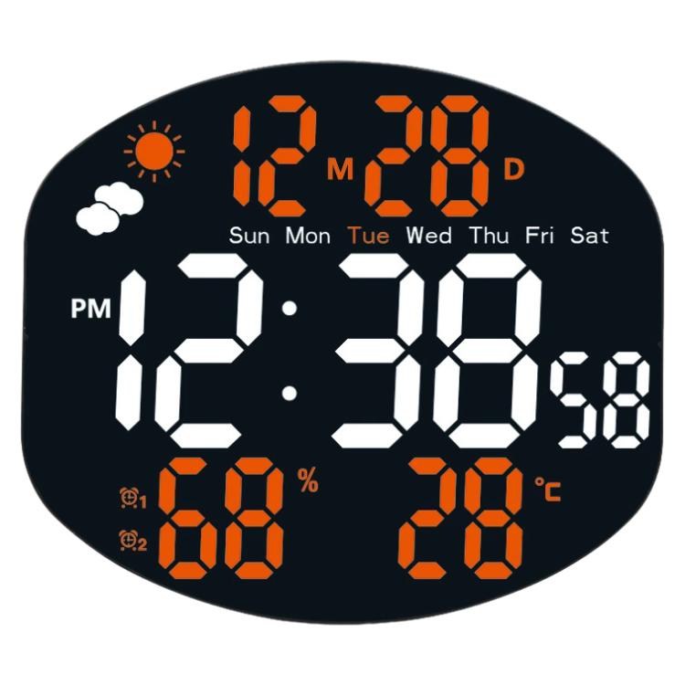 LED digital weather clock with orange LED time, date, weekday, humidity and temperature