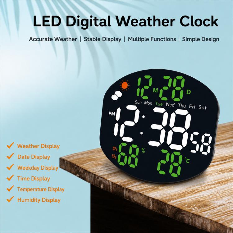 LED digital weather clock with green LED display on wood surface