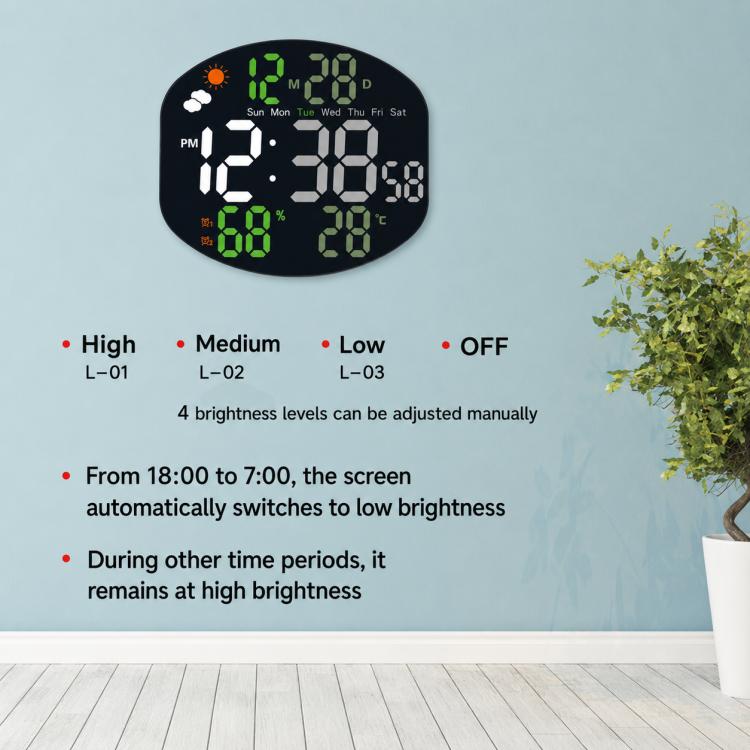 LED digital weather clock with green LED display and brightness level indicator