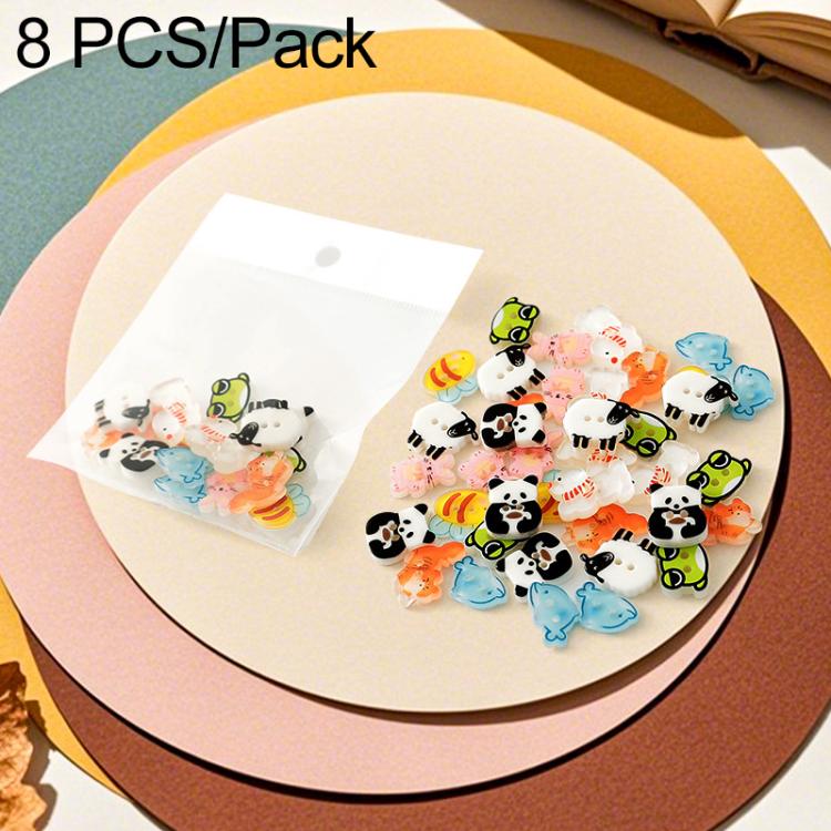 Bagged set of colorful animal-shaped resin buttons, featuring panda, sheep, frog, and cat designs
