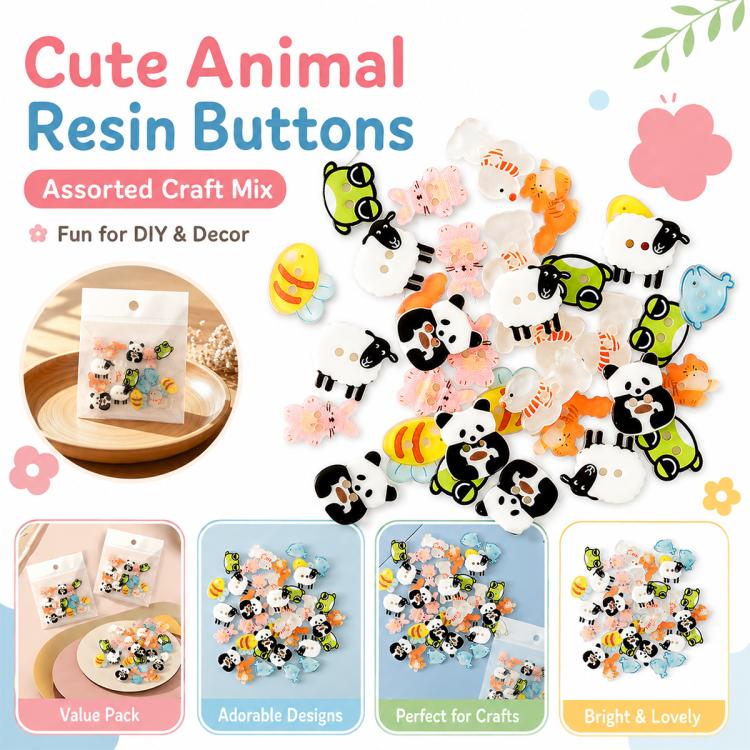 Colorful animal-shaped resin buttons assortment with panda, sheep, cat, frog, duck, and chick designs