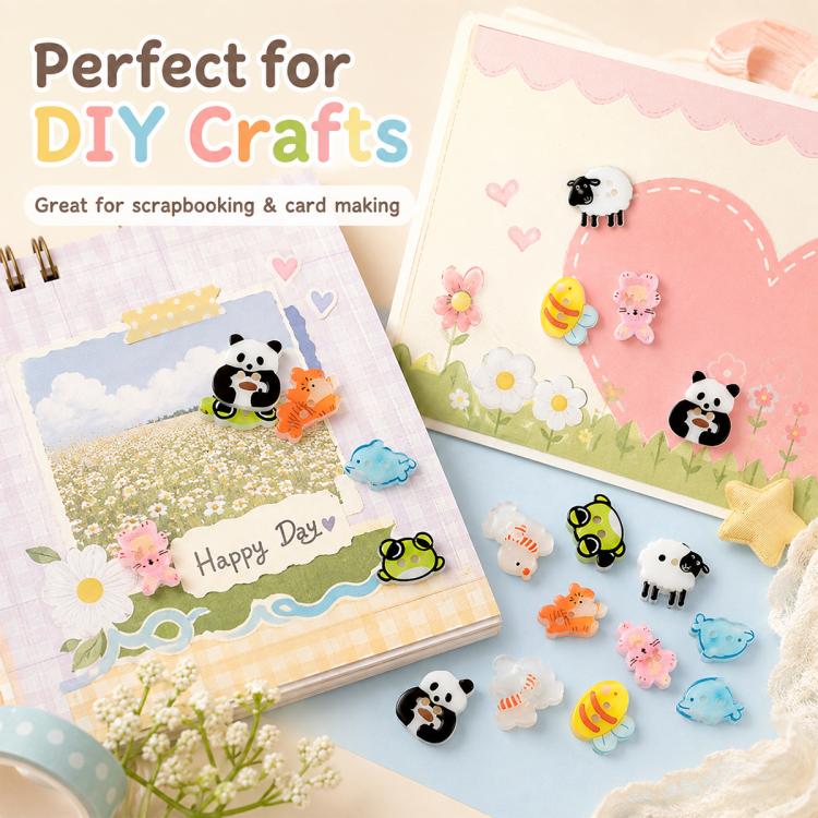 Colorful animal-shaped resin buttons used on DIY paper and cards, showing panda, sheep, frog, and duck