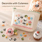 Colorful animal-shaped resin buttons displayed on a small pouch, including panda, sheep, duck, and frog