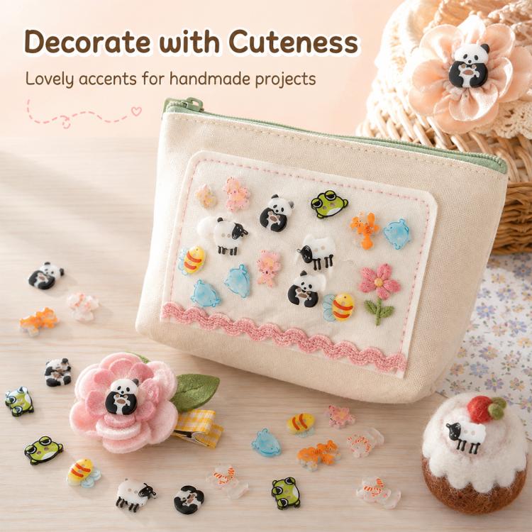Colorful animal-shaped resin buttons displayed on a small pouch, including panda, sheep, duck, and frog