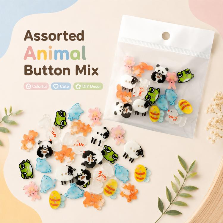 Assorted animal-shaped resin buttons in a sealed bag, featuring panda, sheep, frog, and egg designs