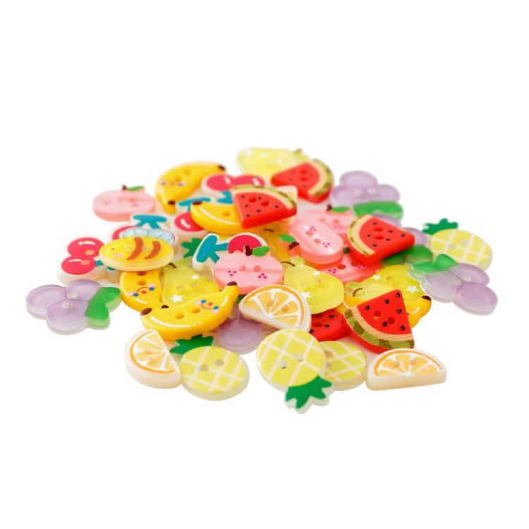 Assorted colorful round fruit resin buttons with 2-hole backs, mixed shapes