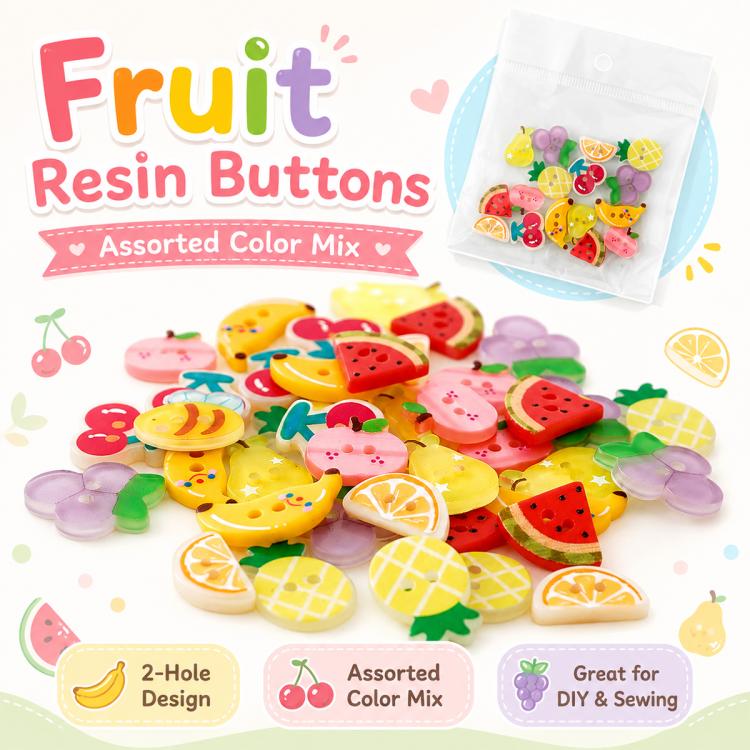 Bagged assorted fruit resin buttons, colorful 2-hole round shapes for DIY sewing