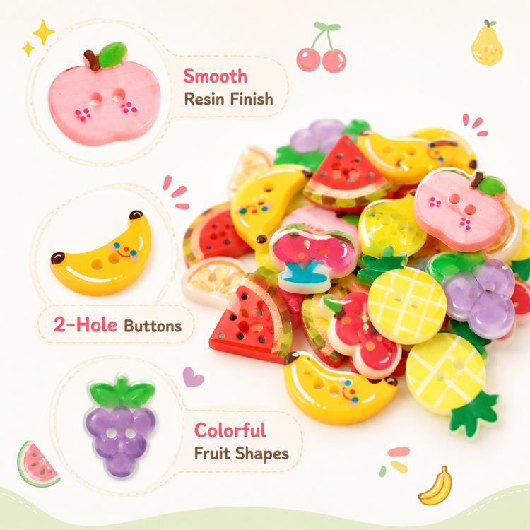 Colorful fruit-shaped resin buttons with smooth finish, round 2-hole designs