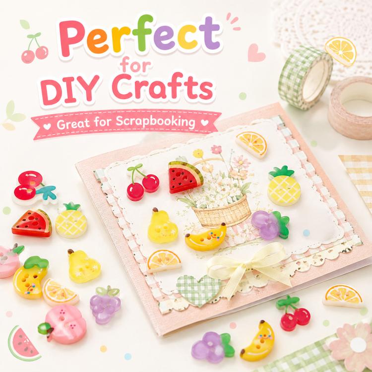 Assorted fruit resin buttons scattered with round 2-hole pieces for DIY crafts