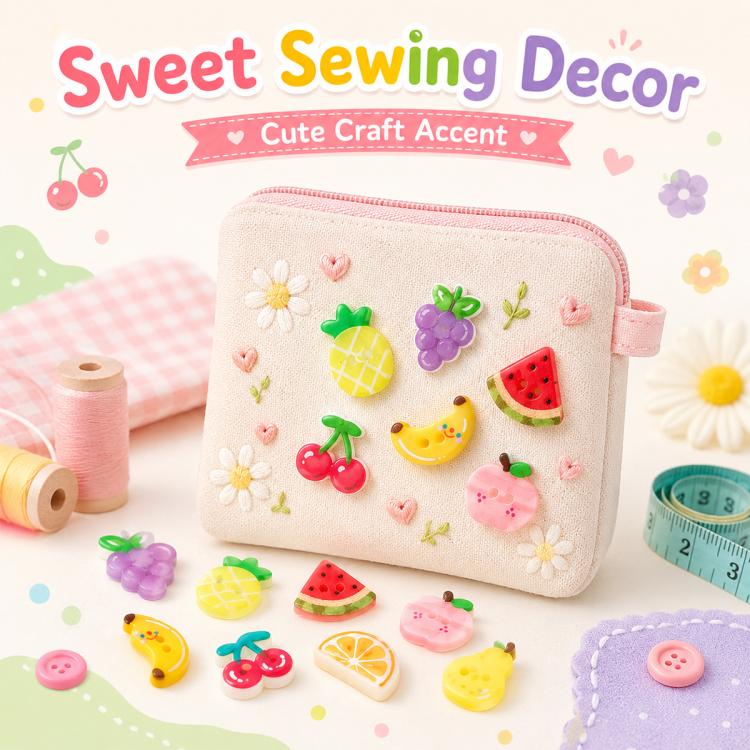 Colorful fruit resin buttons on fabric pouch, small 2-hole designs for sewing decor