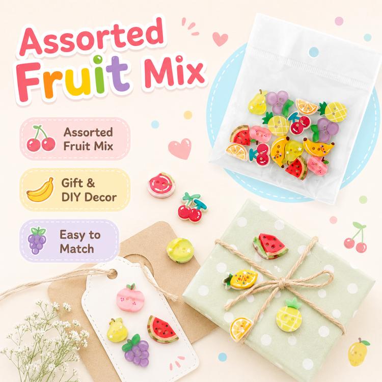 Assorted fruit resin buttons in clear pouch, colorful 2-hole round mix for DIY decor