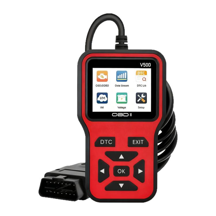 Red and black OBDII diagnostic scanner with screen, DTC and OK/arrow buttons