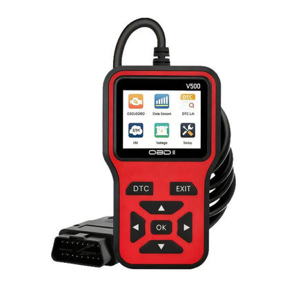 Red and black OBDII diagnostic scanner with screen, DTC and OK/arrow buttons