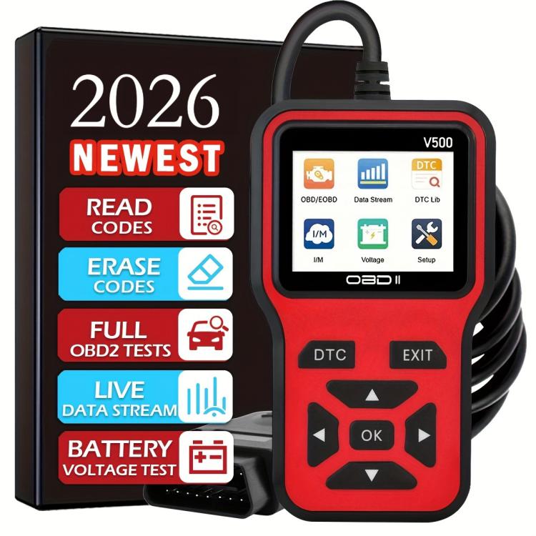 Red and black OBDII scanner with connected cable and display showing DTC and menu icons
